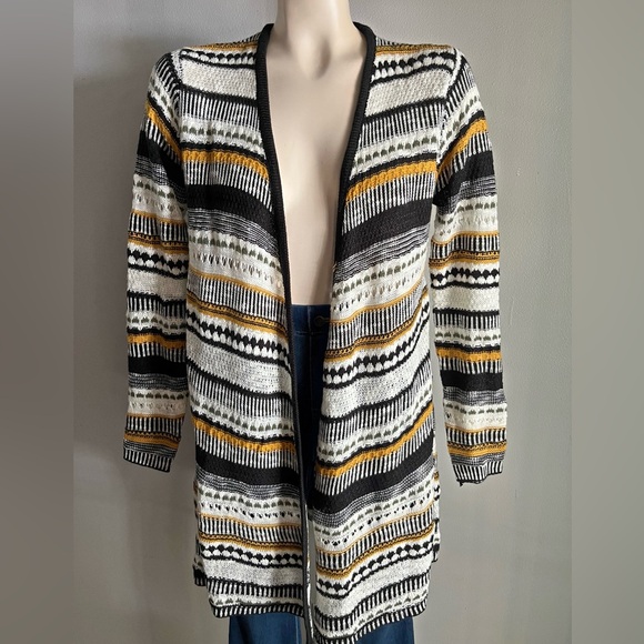 INC International Concepts Open Front Knit Cardigan Sweater Black Gold Tribal - Picture 1 of 7